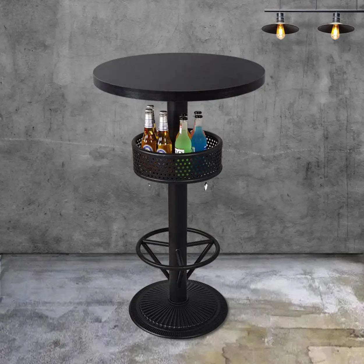 Industrial Black Small Round Bar Table with Shelf — Brown / Square / Table Only