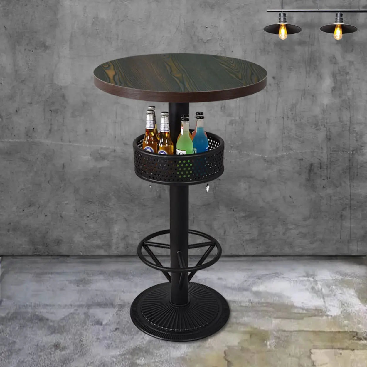 Industrial Black Small Round Bar Table with Shelf — Brown / Rectangular / Table Only