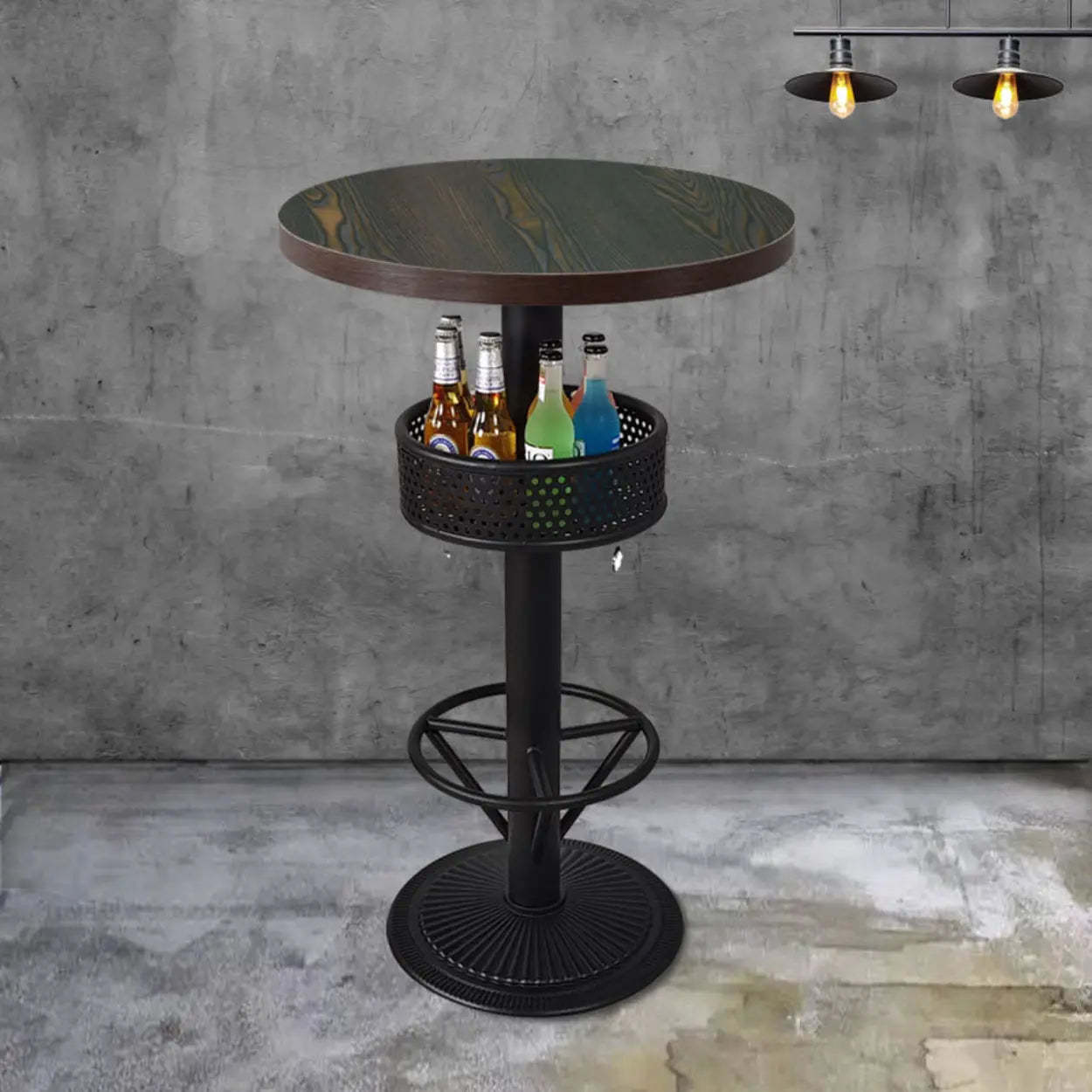 Industrial Black Small Round Bar Table with Shelf — Brown / Rectangular / Table Only
