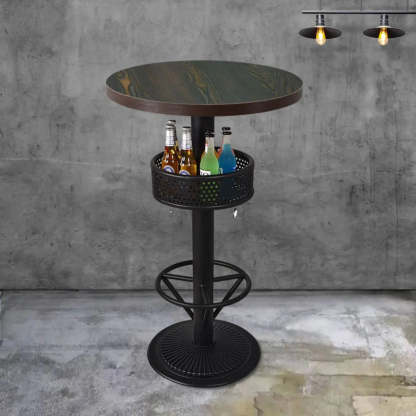 Industrial Black Small Round Bar Table with Shelf — Brown / Rectangular / Table Only
