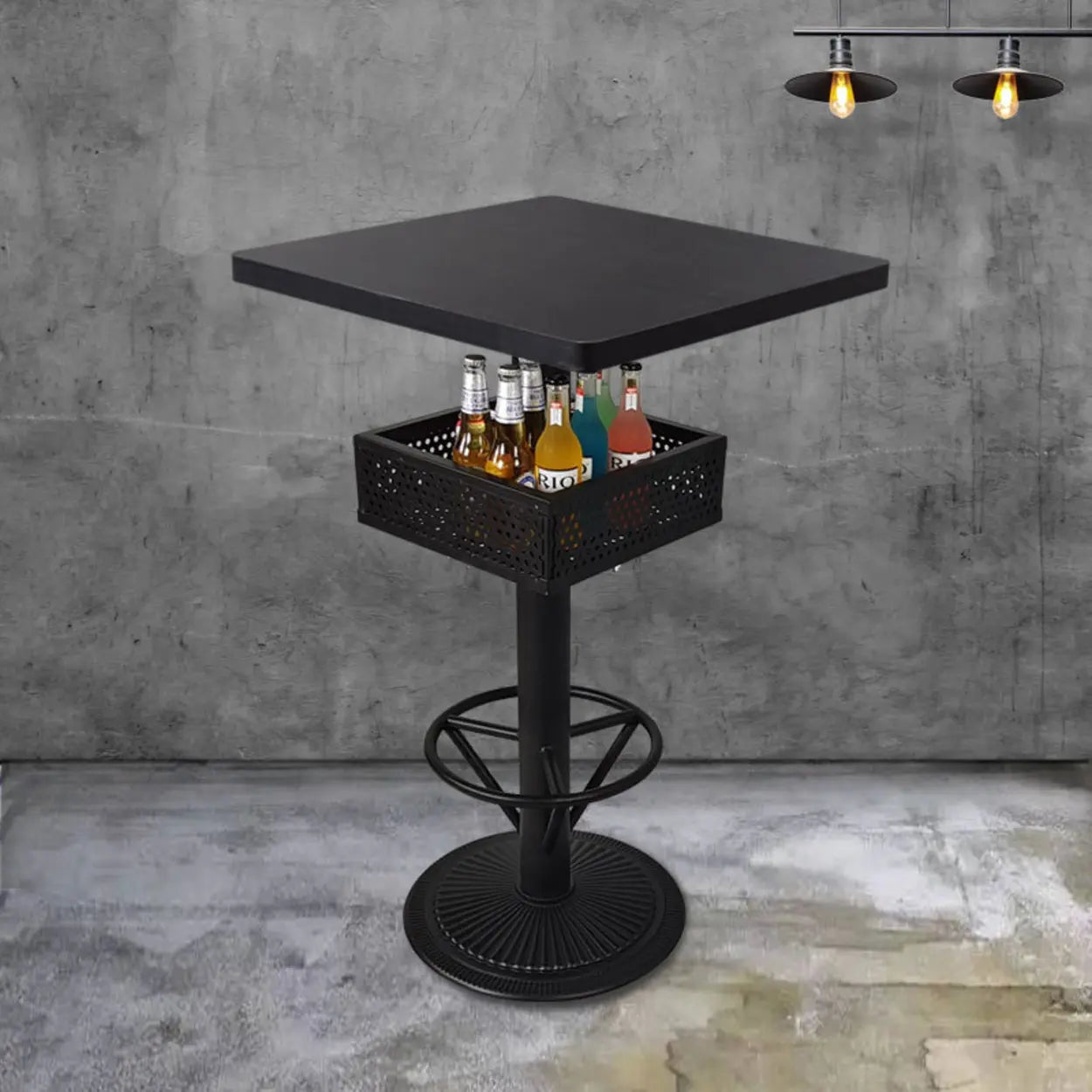 Industrial Black Small Round Bar Table with Shelf — Brown / Round / Table Only