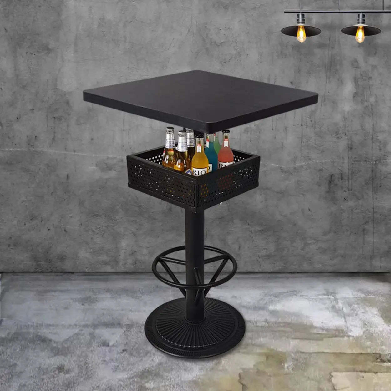 Industrial Black Small Round Bar Table with Shelf — Brown / Round / Table Only