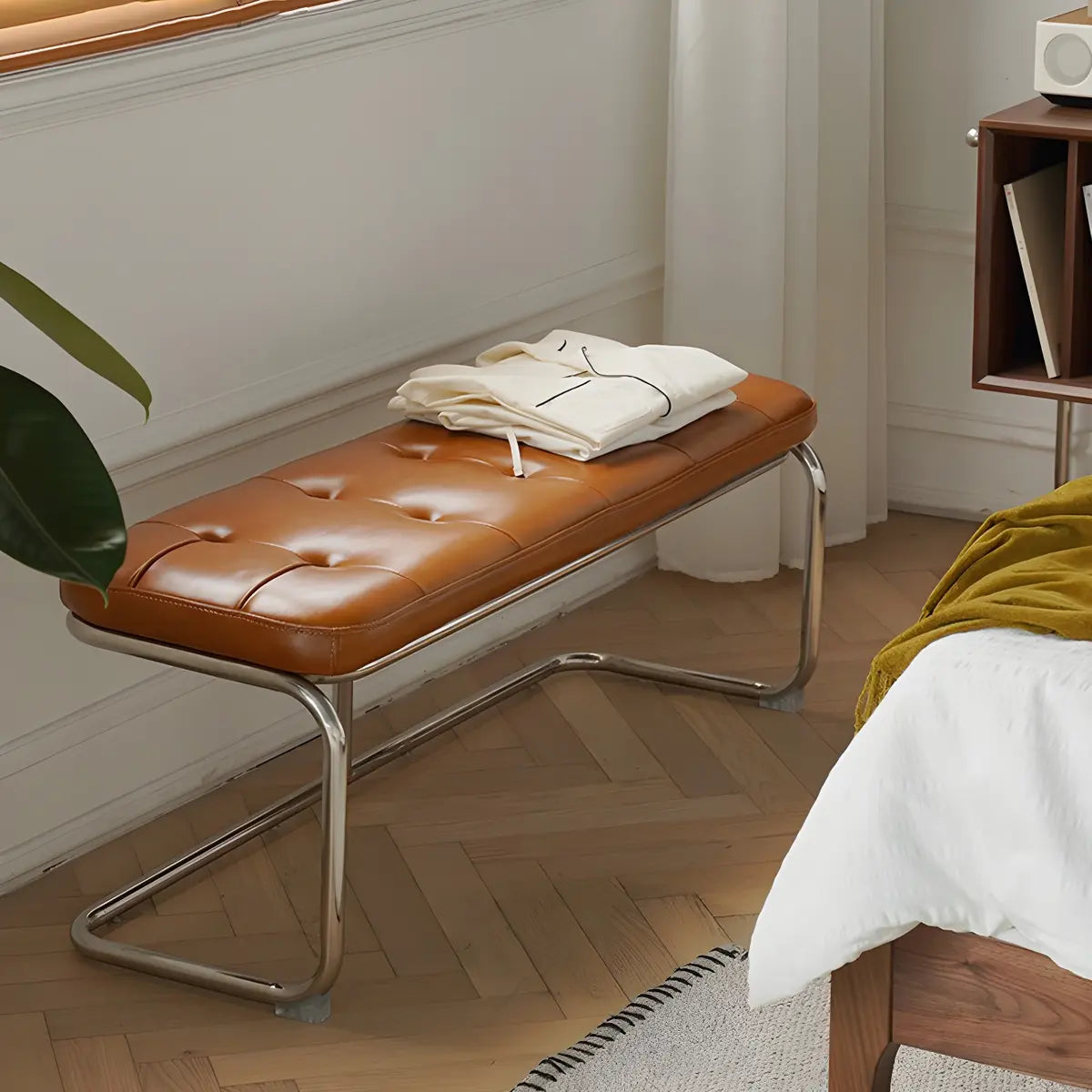 Industrial Faux Leather Entryway Bench