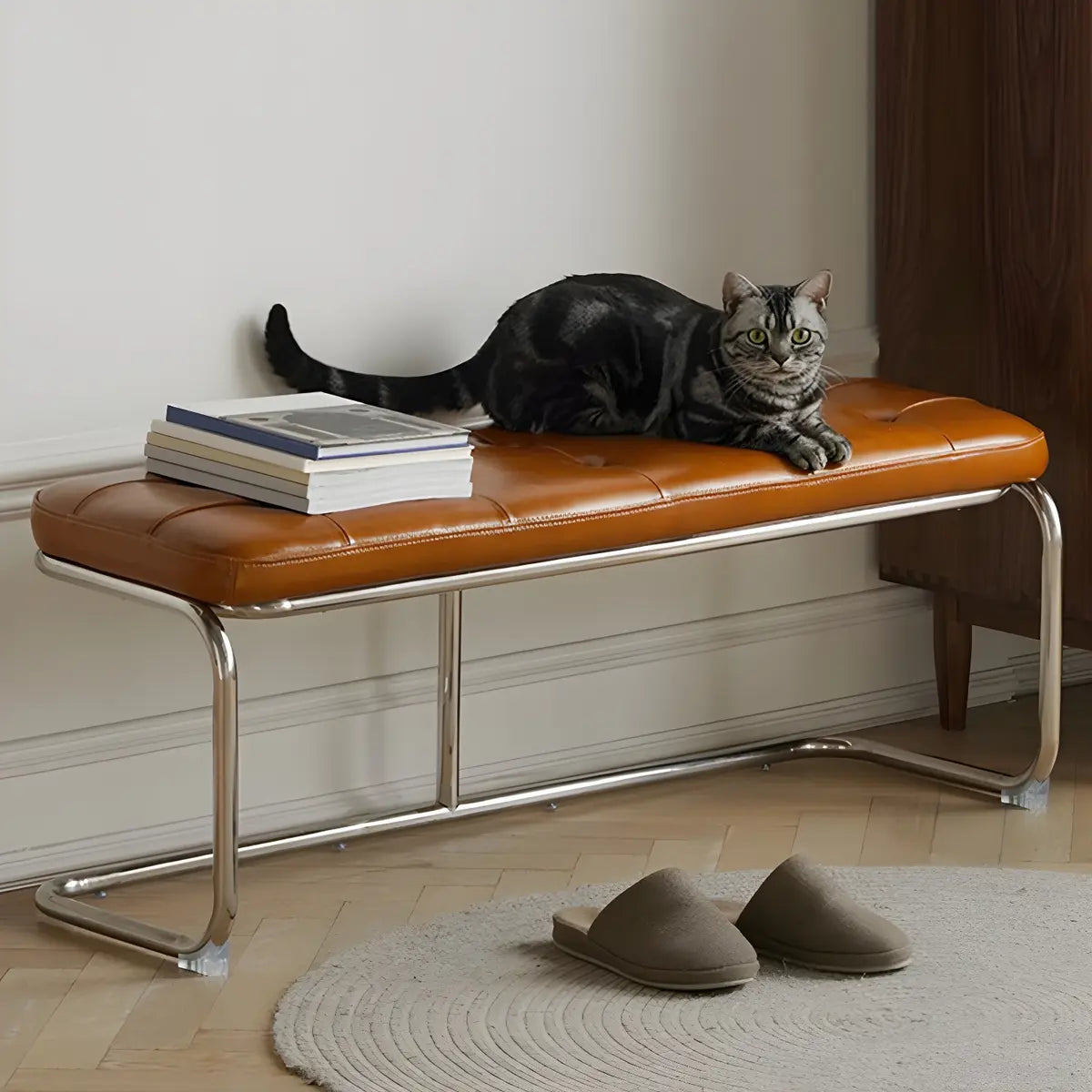 Industrial Faux Leather Entryway Bench
