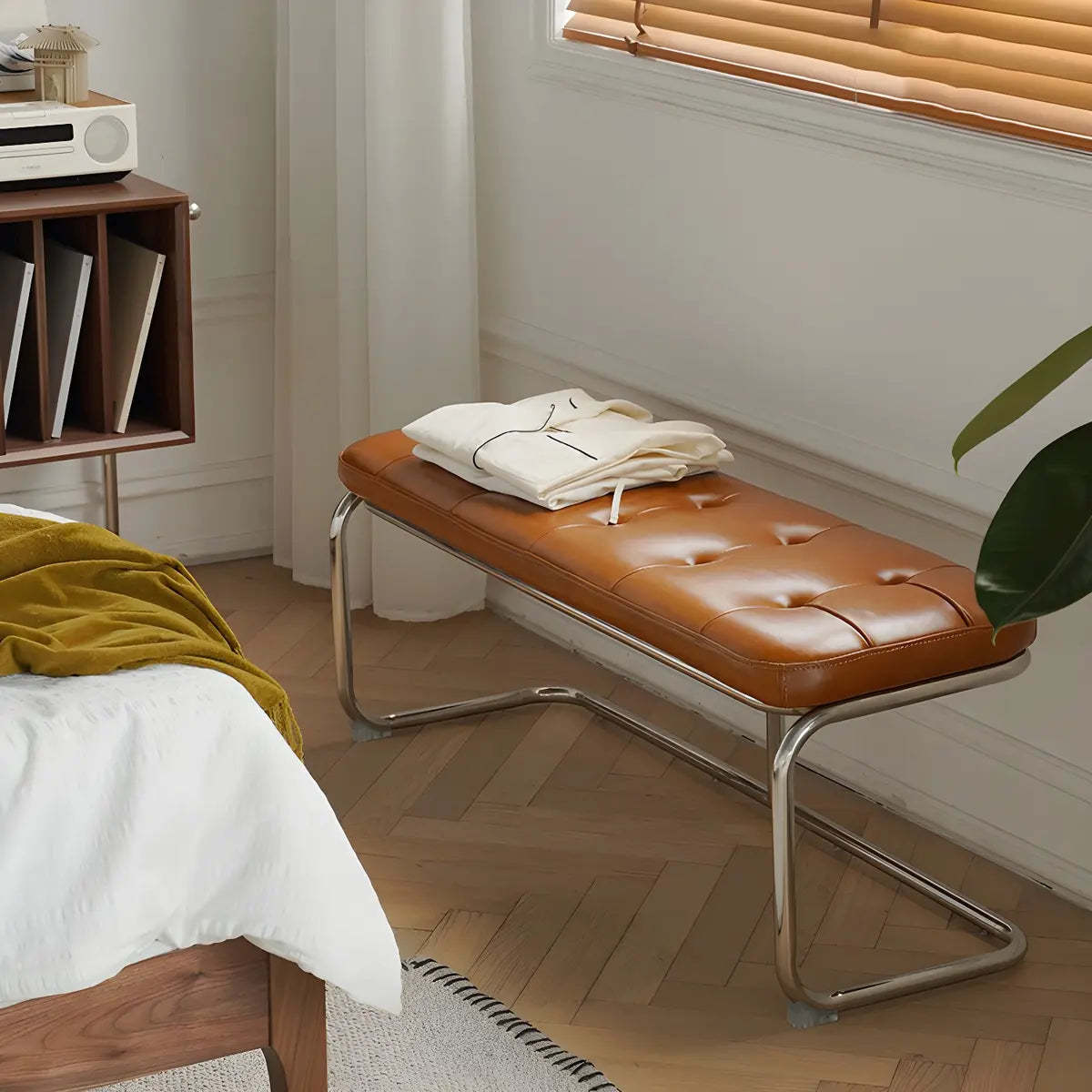 Industrial Faux Leather Entryway Bench