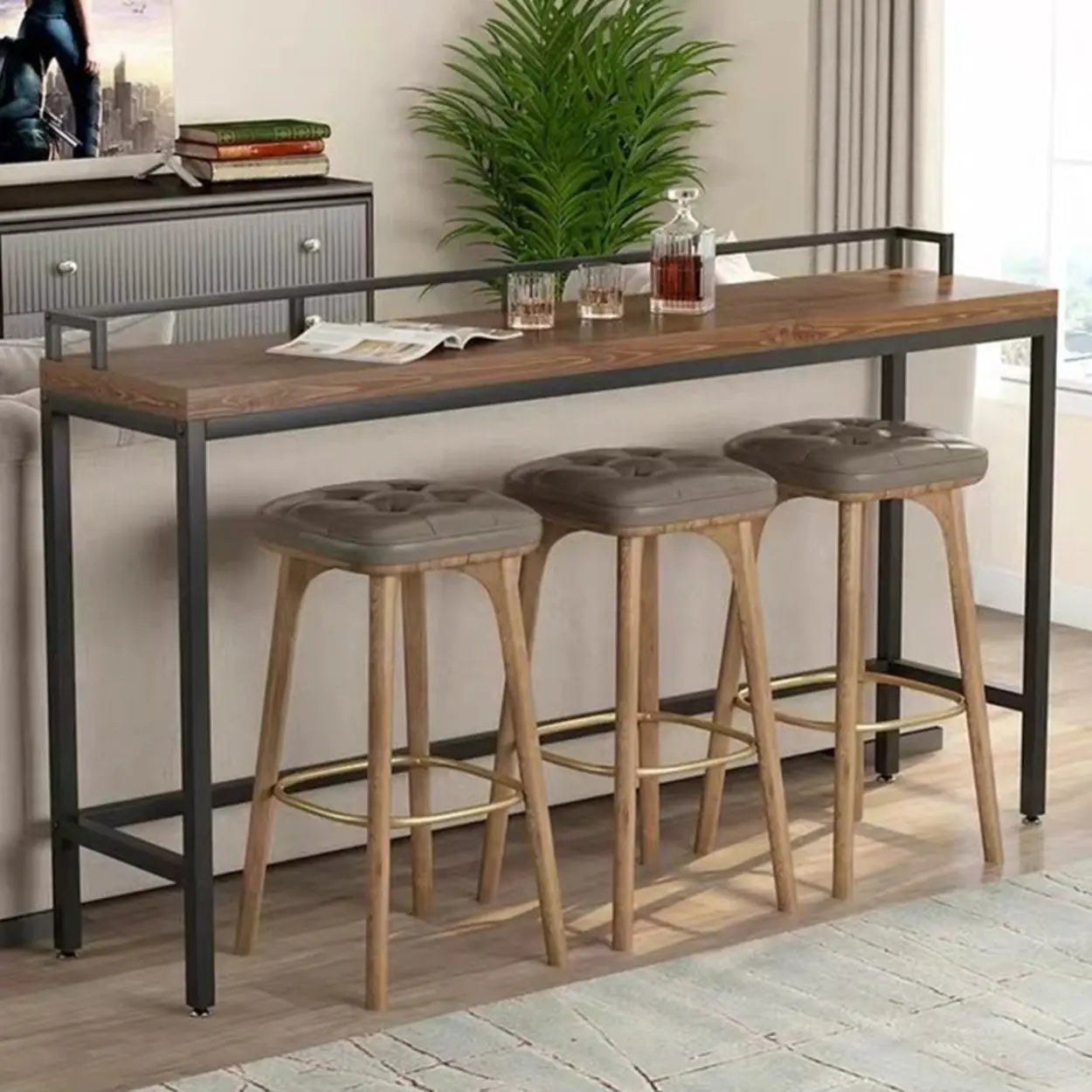 Industrial Brown Metal Wood Bar Table with Footrest