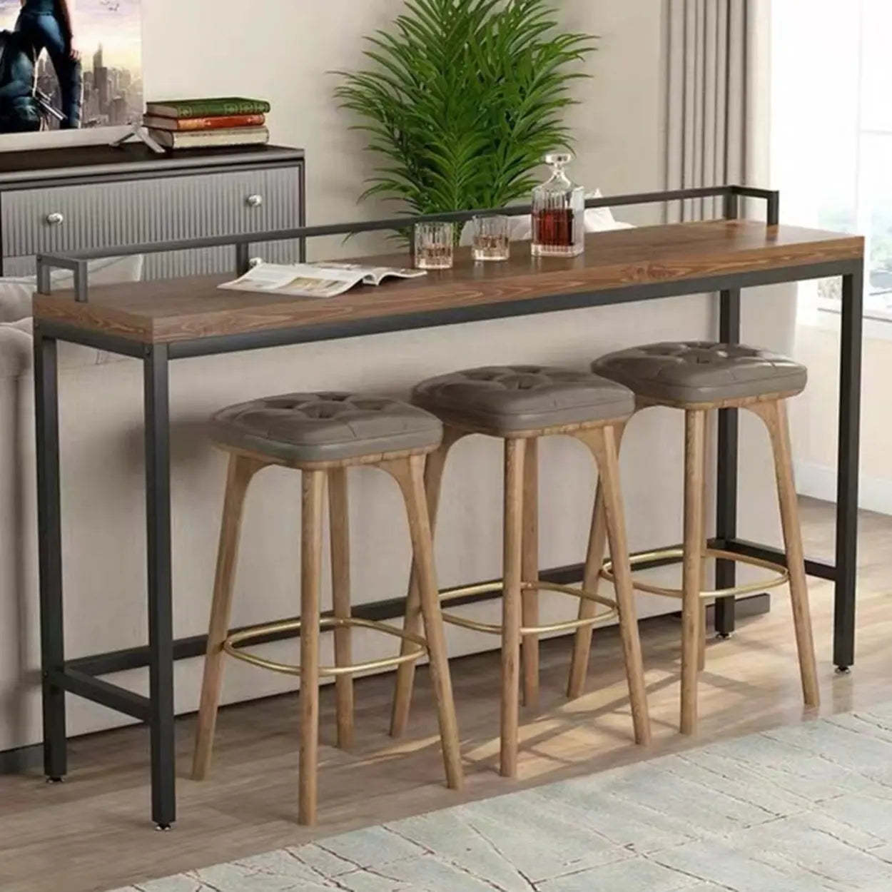Industrial Brown Metal Wood Bar Table with Footrest — Table Only