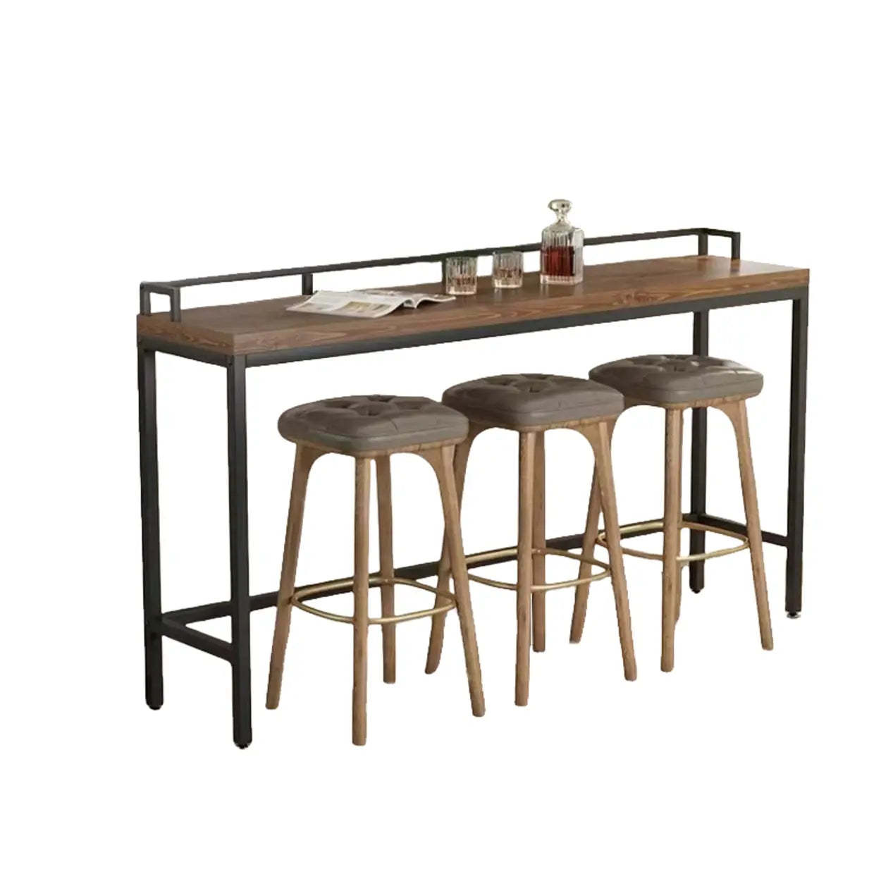 Industrial Brown Metal Wood Bar Table with Footrest — Table Only