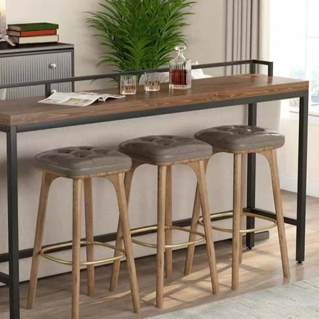 Industrial Brown Metal Wood Bar Table with Footrest — Table Only