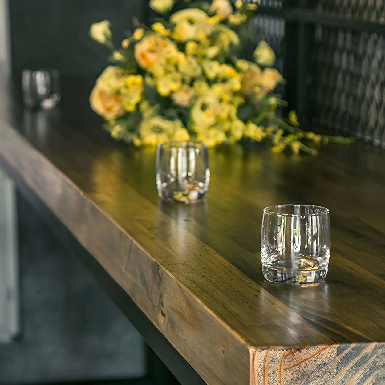Industrial Brown Wood Long Bar Table with Footrest — Table Only