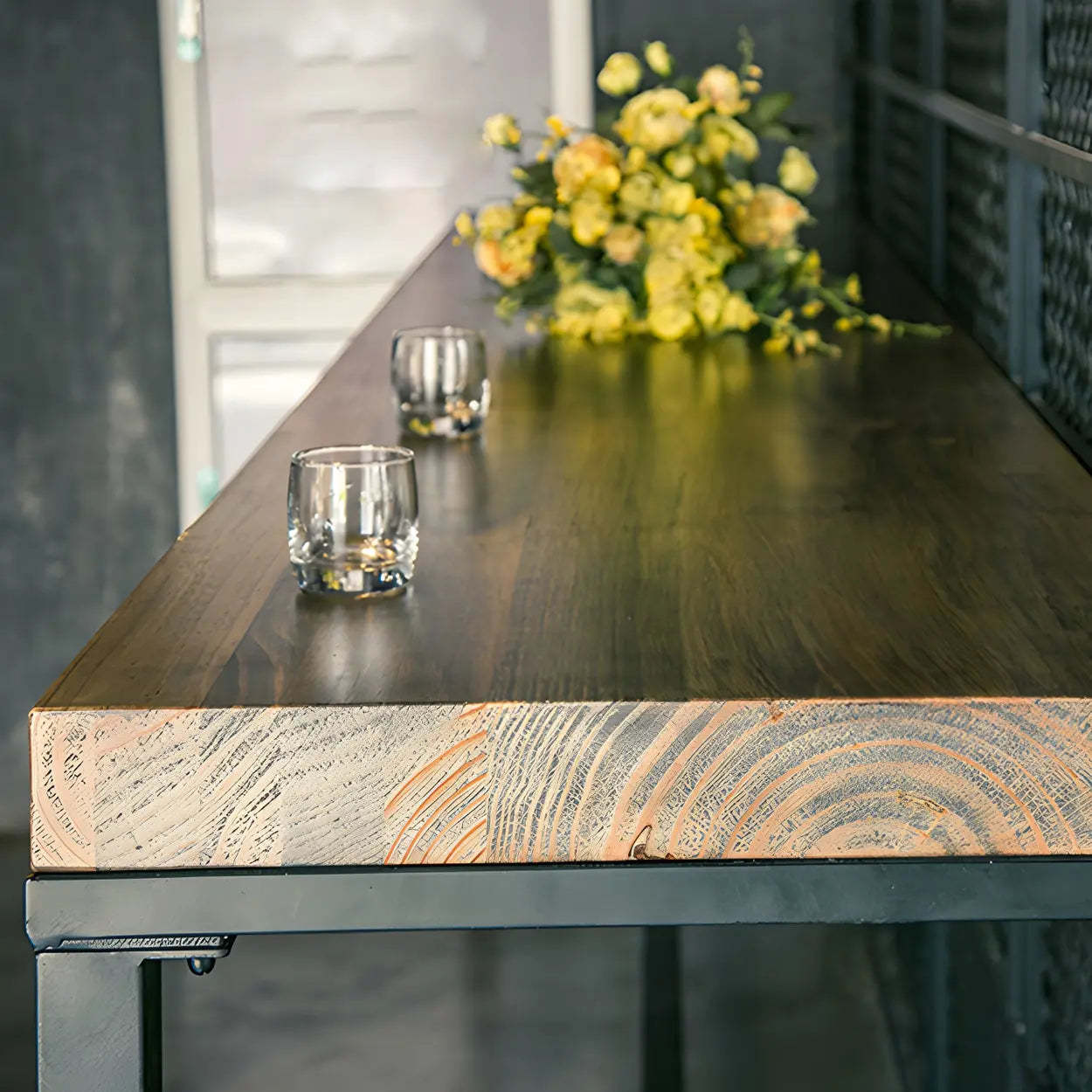 Industrial Brown Wood Long Bar Table with Footrest — Table Only