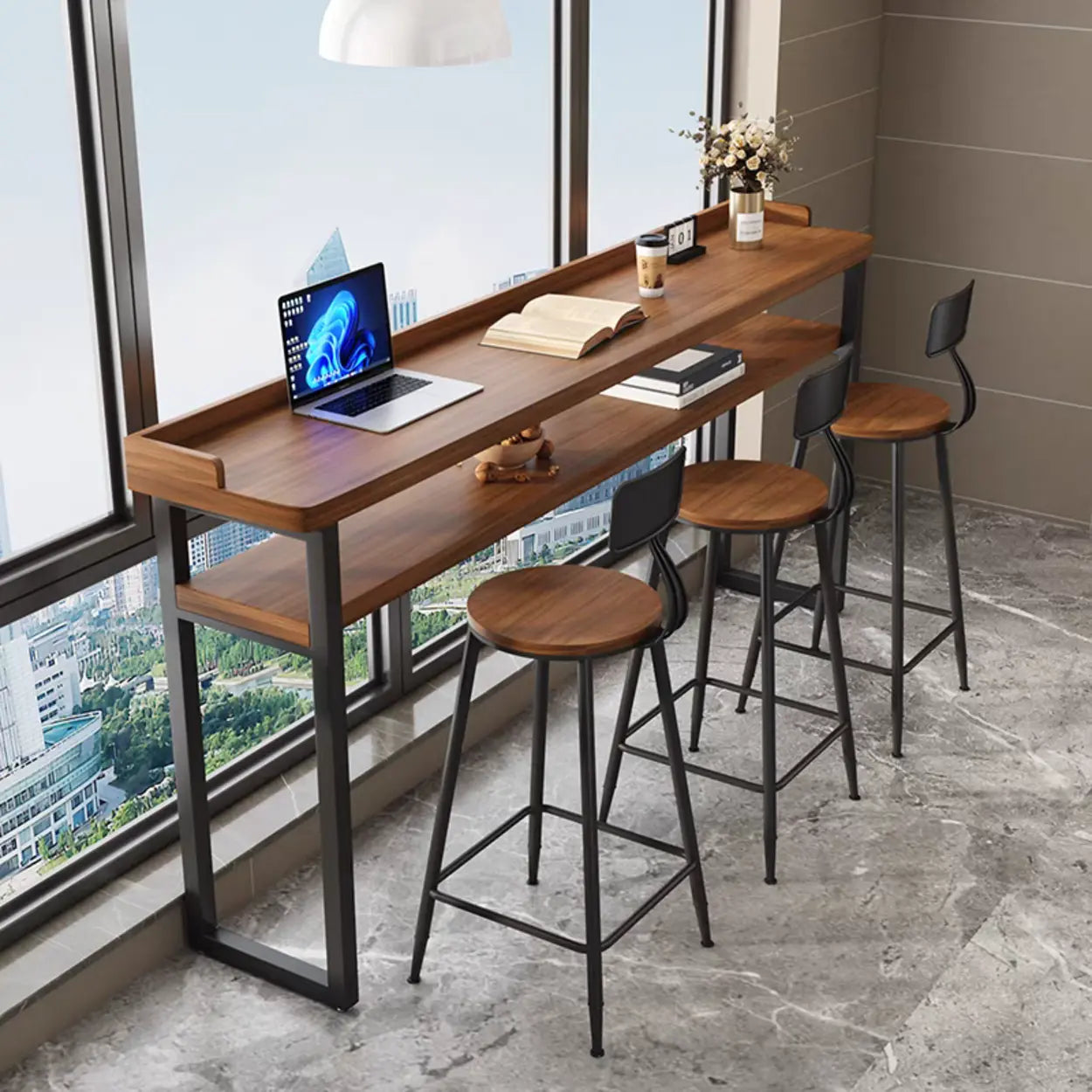 Industrial Brown Wood Bar Table with Footrest and Shelf — Table Only