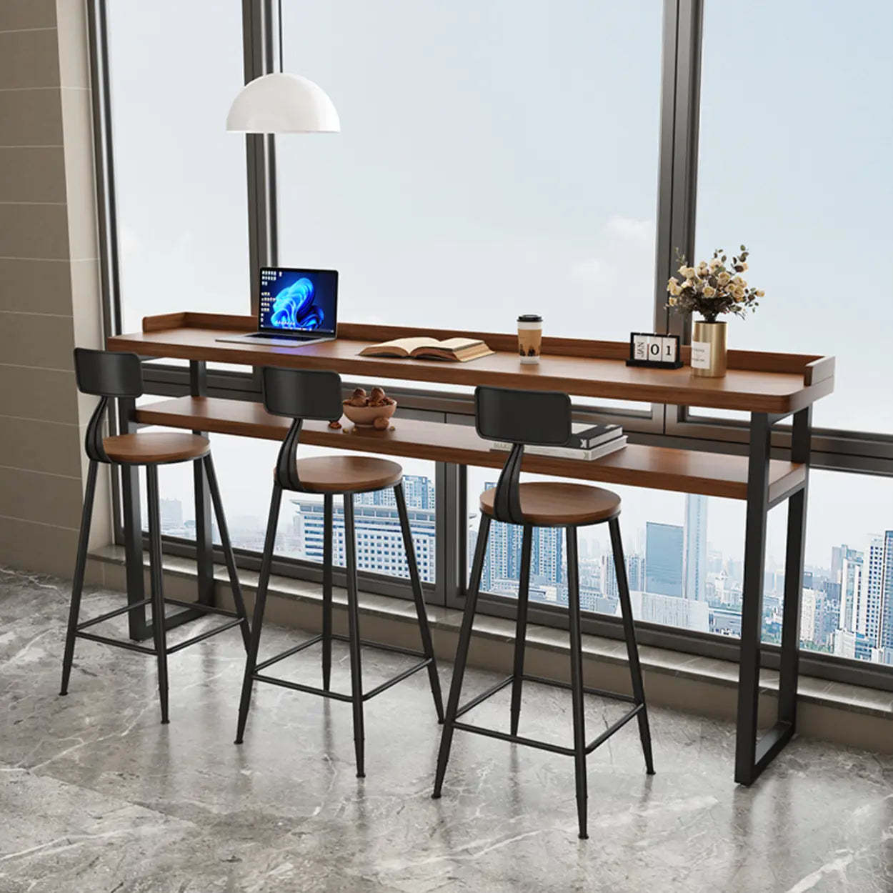 Industrial Brown Wood Bar Table with Footrest and Shelf — Table Only