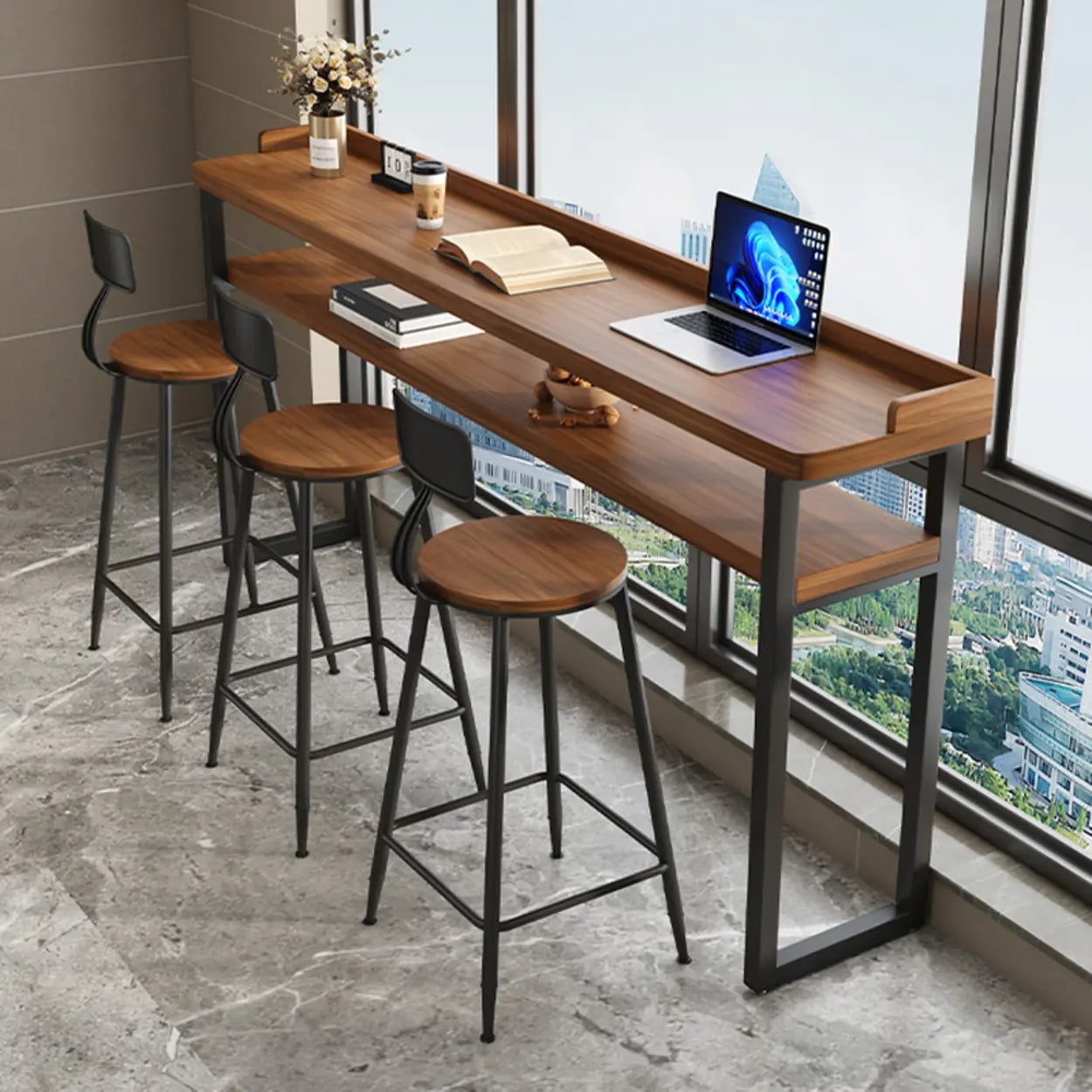 Industrial Brown Wood Bar Table with Footrest and Shelf — Table Only