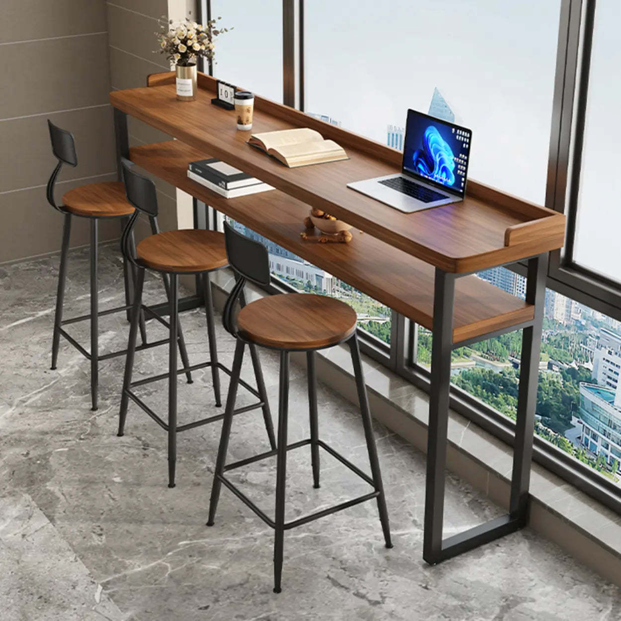 Industrial Brown Wood Bar Table with Footrest and Shelf — Table Only