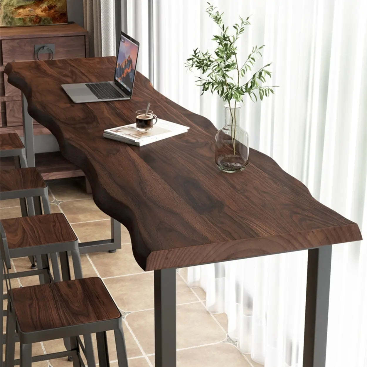 Industrial Dark Brown Live-Edge Narrow Bar Table — Table Only