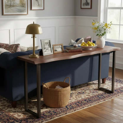 Industrial Dark Brown Live-Edge Narrow Bar Table — Table Only