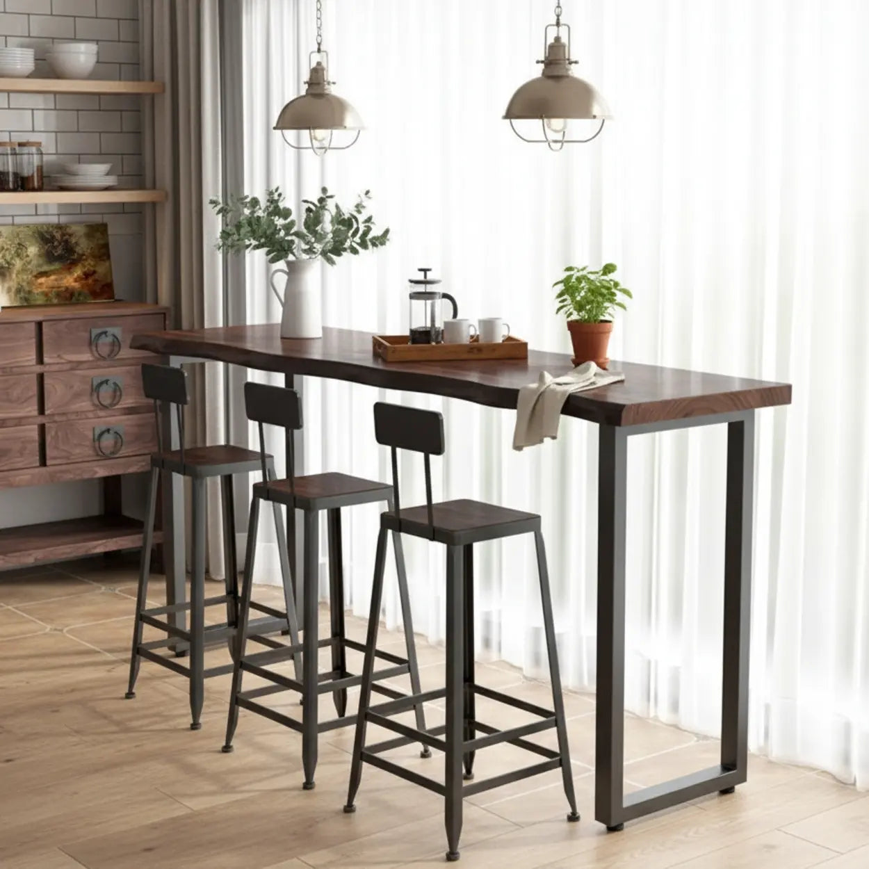 Industrial Dark Brown Live-Edge Narrow Bar Table — Table Only