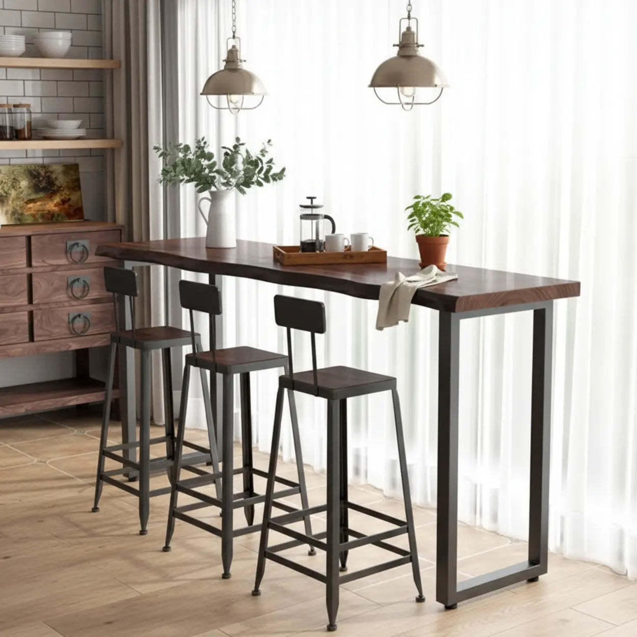 Industrial Dark Brown Live-Edge Narrow Bar Table — Table Only
