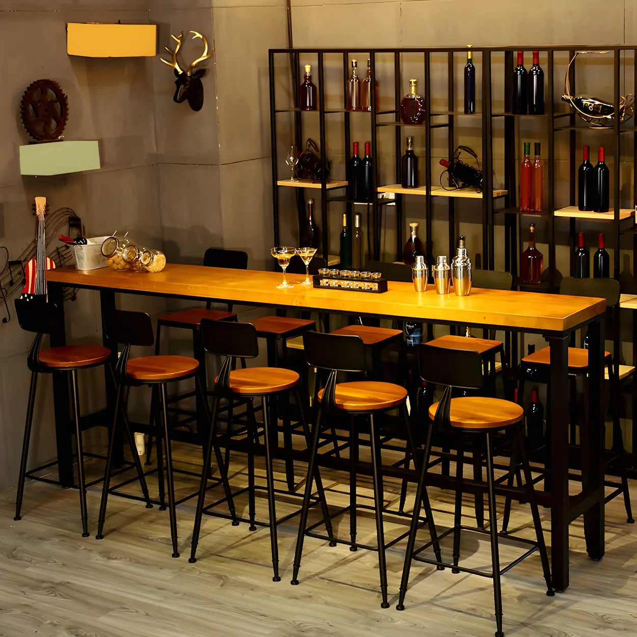 Industrial Wood Bar Stool with Backrest