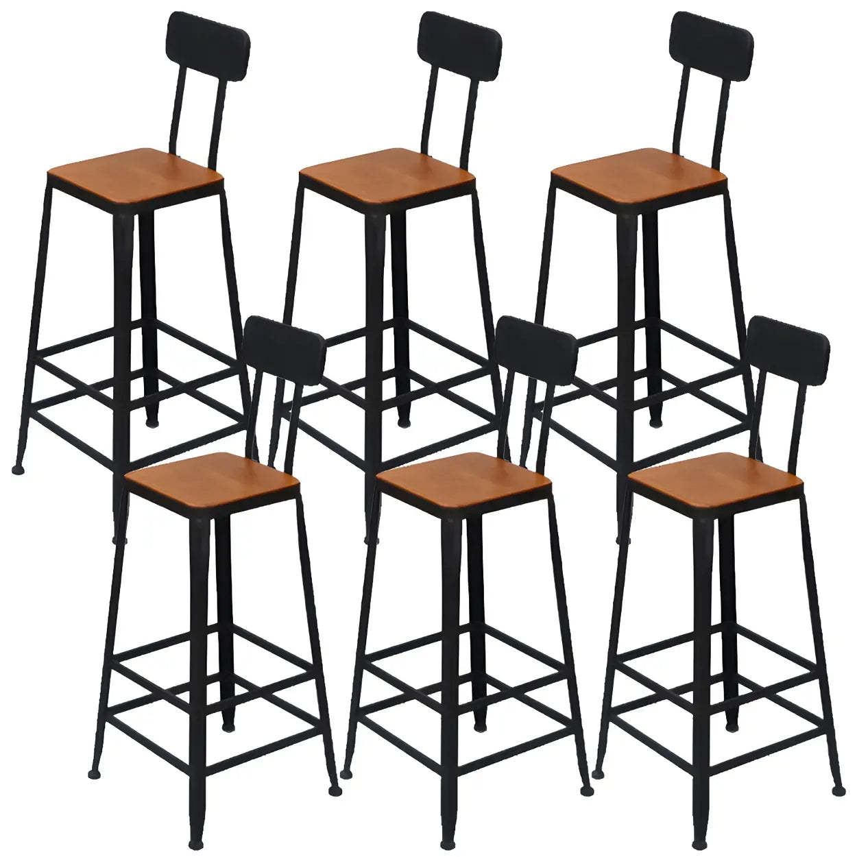 Industrial Wood Bar Stool with Backrest — 8 Piece Set / Upholstered / Square