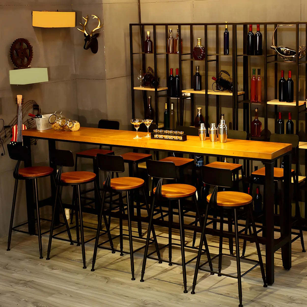 Industrial Wood Bar Stool with Backrest — 2 Piece Set / Upholstered / Square