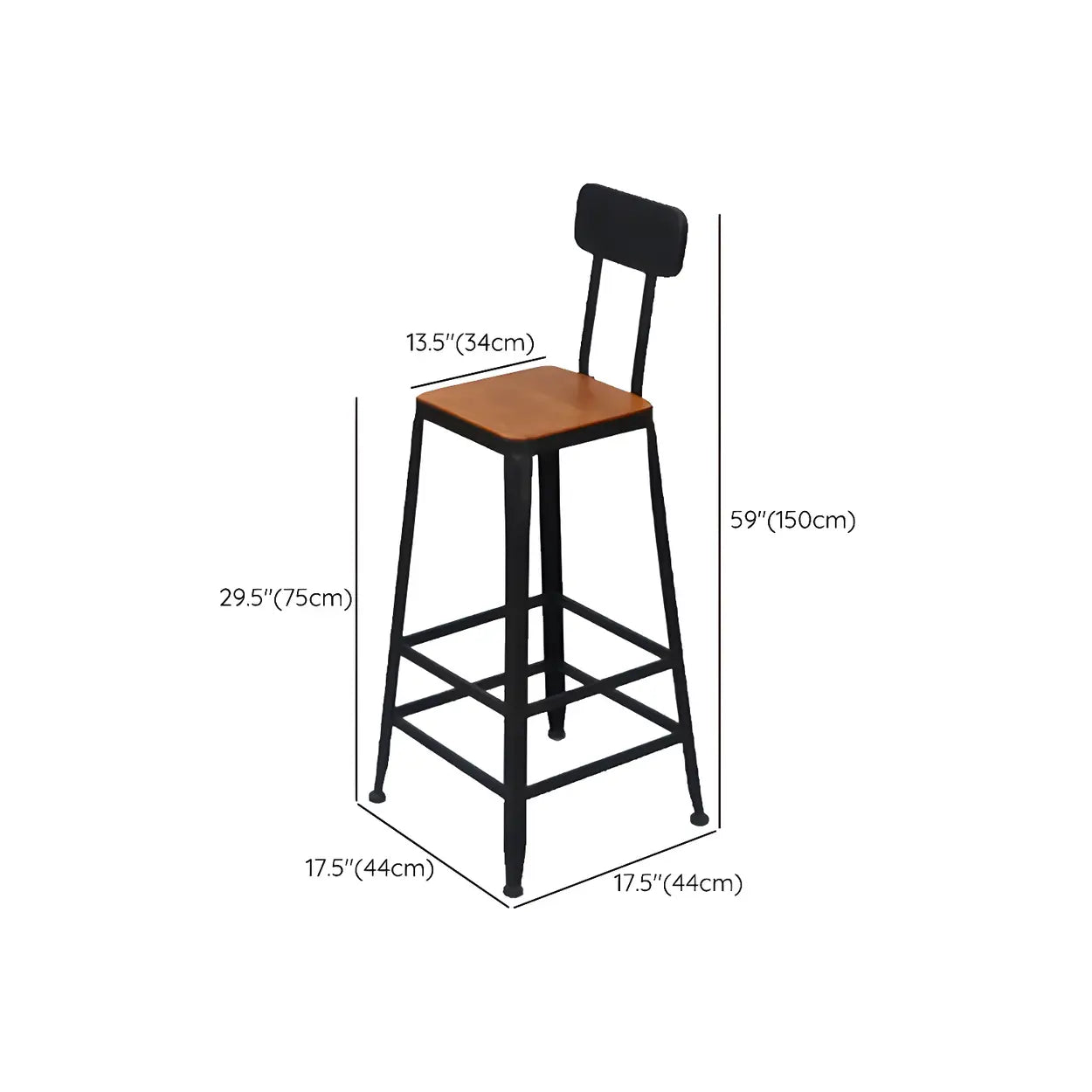 Industrial Wood Bar Stool with Backrest