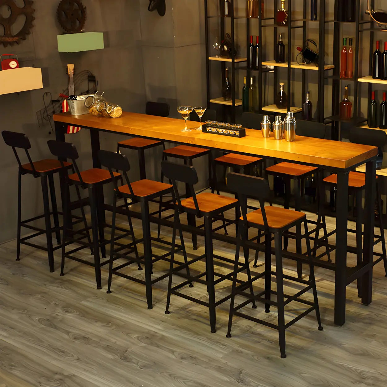 Industrial Wood Bar Stool with Backrest — 2 Piece Set / Non-Upholstered / Square