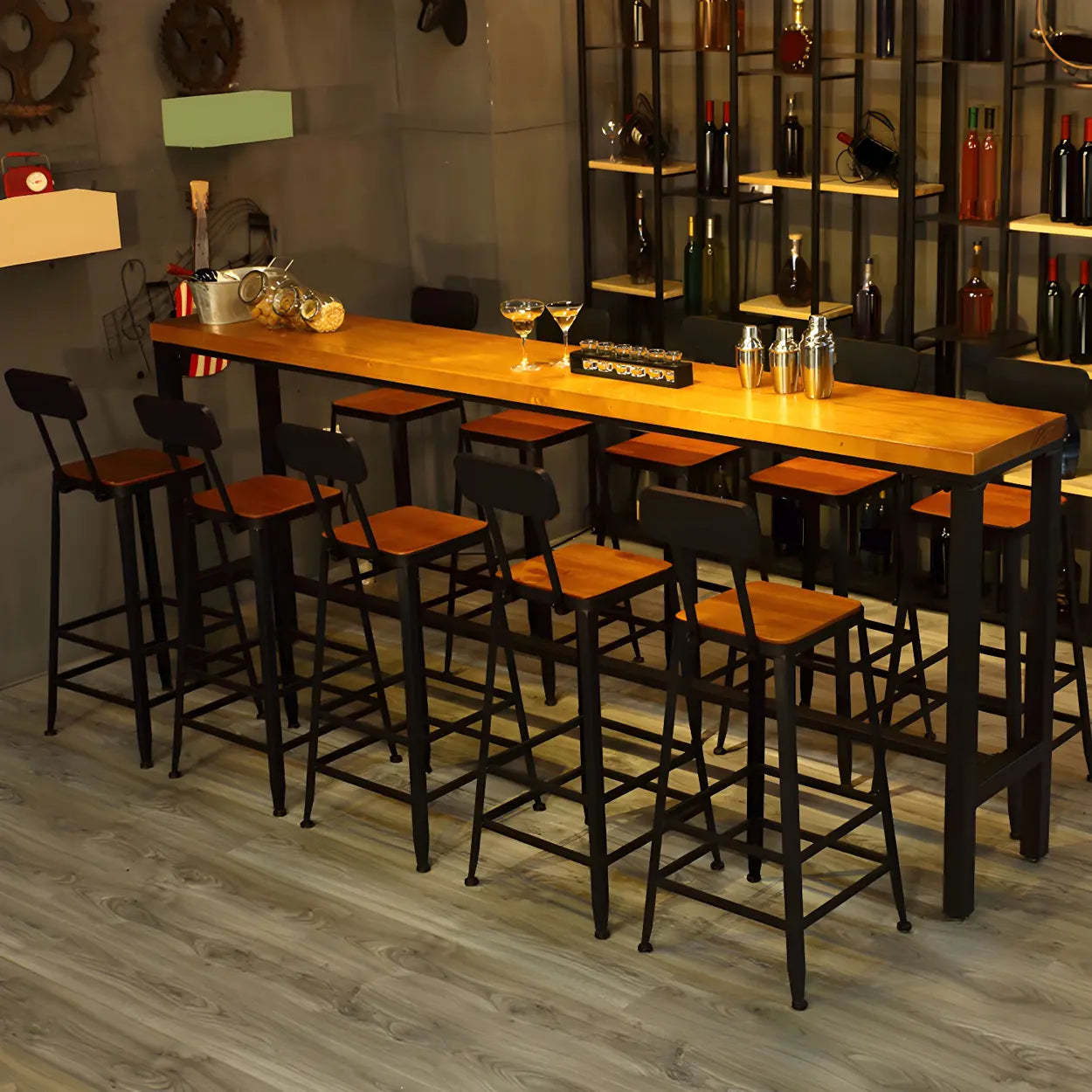 Industrial Wood Bar Stool with Backrest — 2 Piece Set / Non-Upholstered / Square