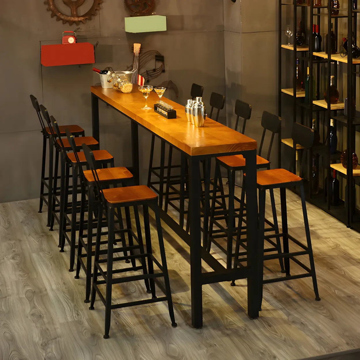 Industrial Wood Bar Stool with Backrest — 2 Piece Set / Non-Upholstered / Round