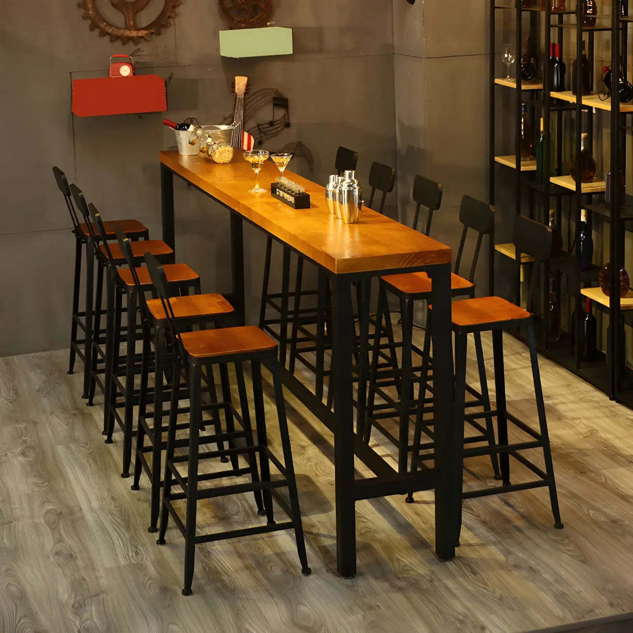 Industrial Wood Bar Stool with Backrest — 2 Piece Set / Non-Upholstered / Round
