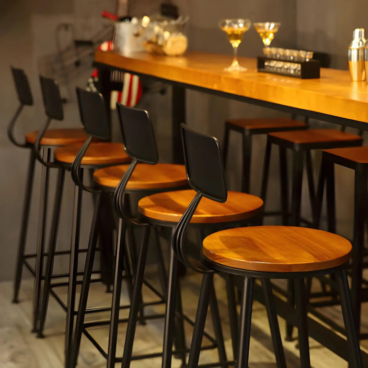 Backrest wood bar & counter stools for kitchen — Upholstered / Round / Set of 6