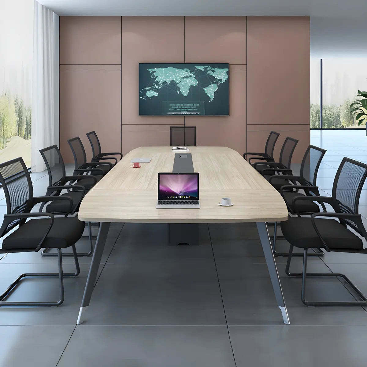 Industrial Natural Curved Conference Table for 10 — Without Chairs