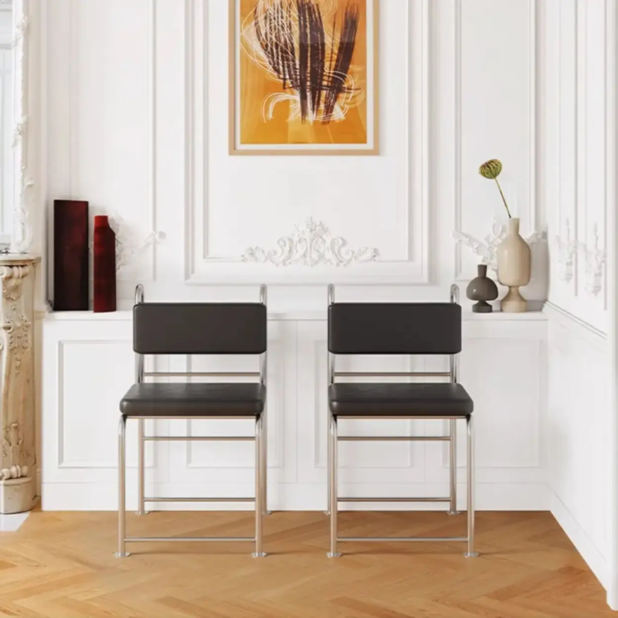 Industrial Faux Leather Open-Back Dining Chair — Leather / Black