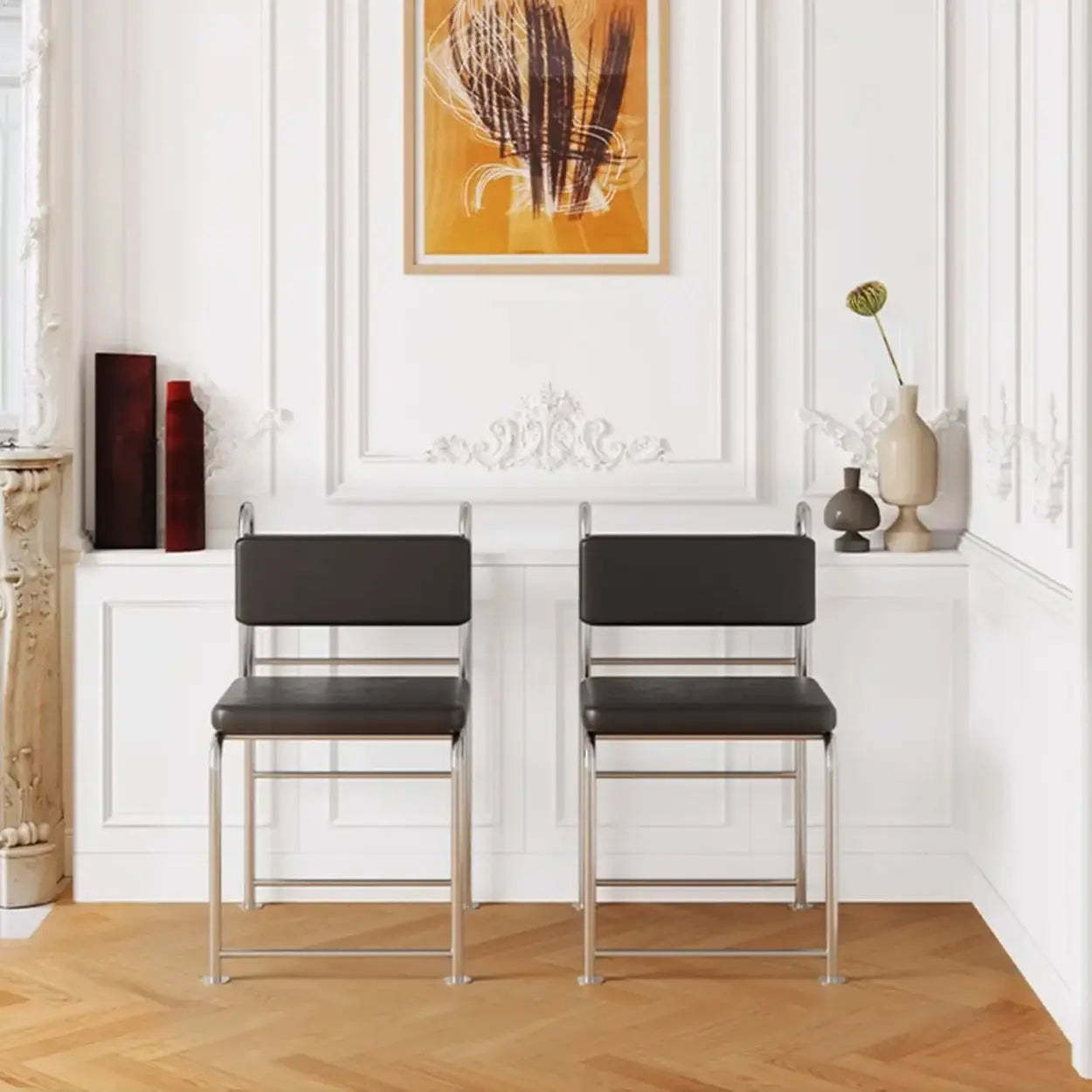 Industrial Faux Leather Open-Back Dining Chair — Leather / Black