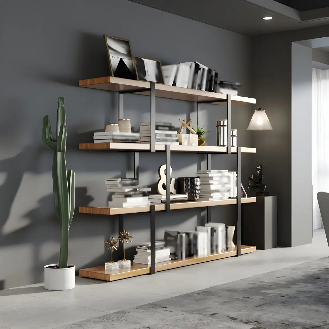 Industrial Open-Back Wood Bookshelf