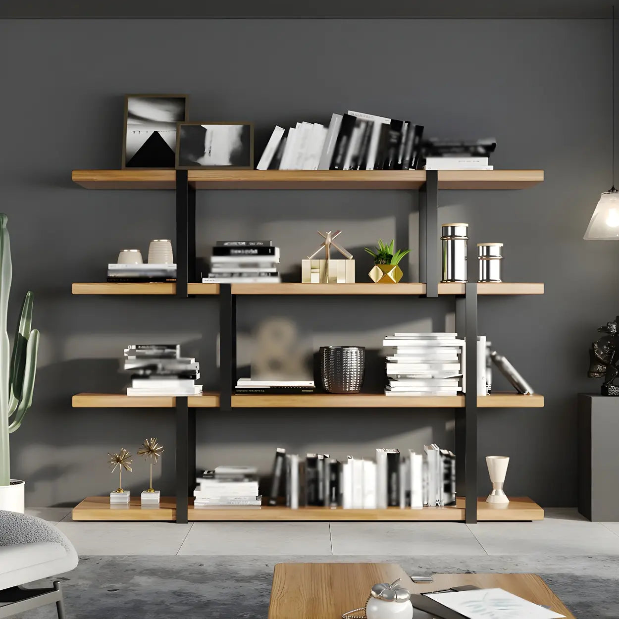 Industrial Open-Back Wood Bookshelf