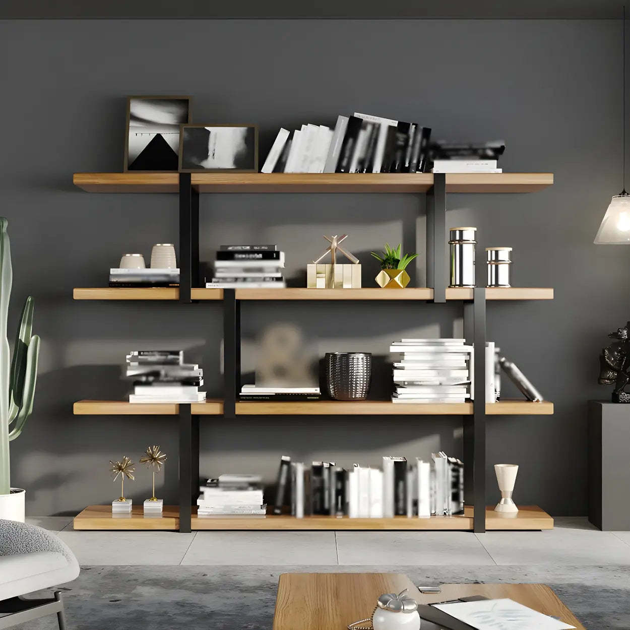 Industrial Open-Back Wood Bookshelf