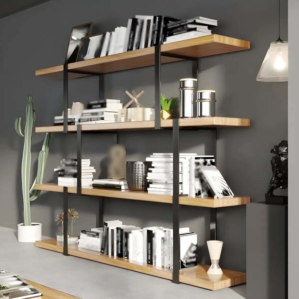 Industrial Open-Back Wood Bookshelf