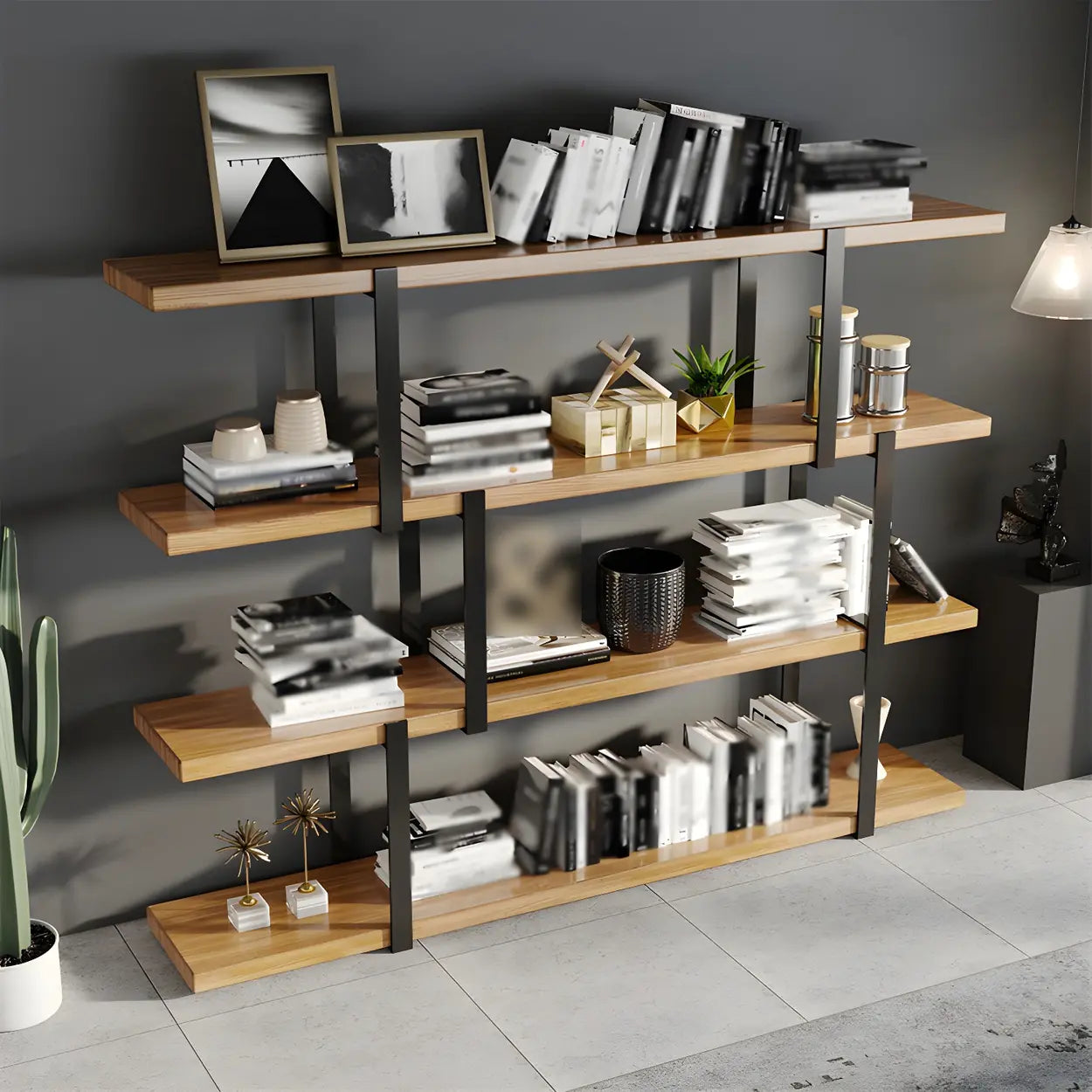 Industrial Open-Back Wood Bookshelf
