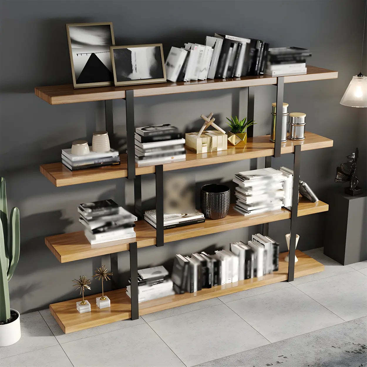 Industrial Open-Back Wood Bookshelf