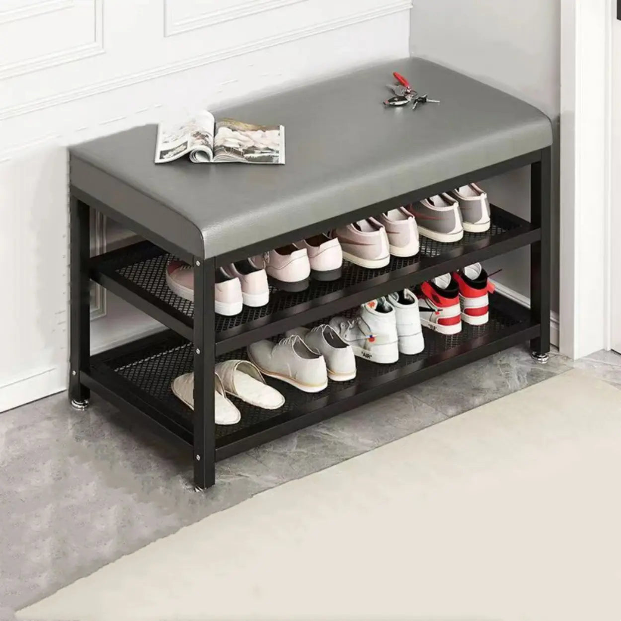 Industrial Upholstered Storage Entryway Bench — Orange