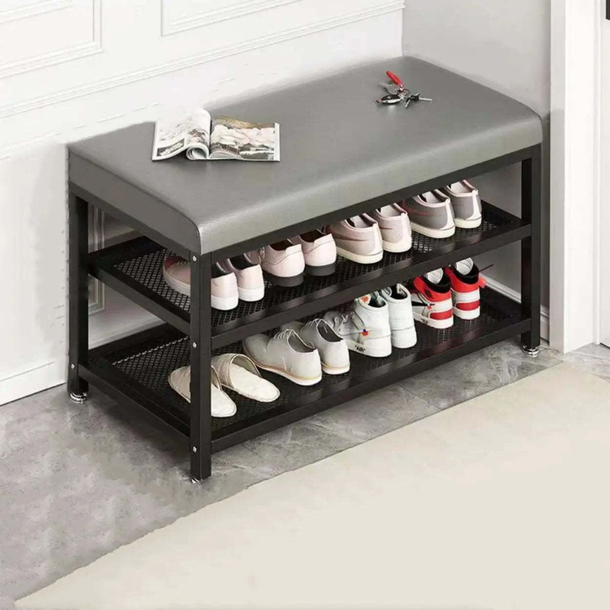 Industrial Upholstered Storage Entryway Bench — Orange