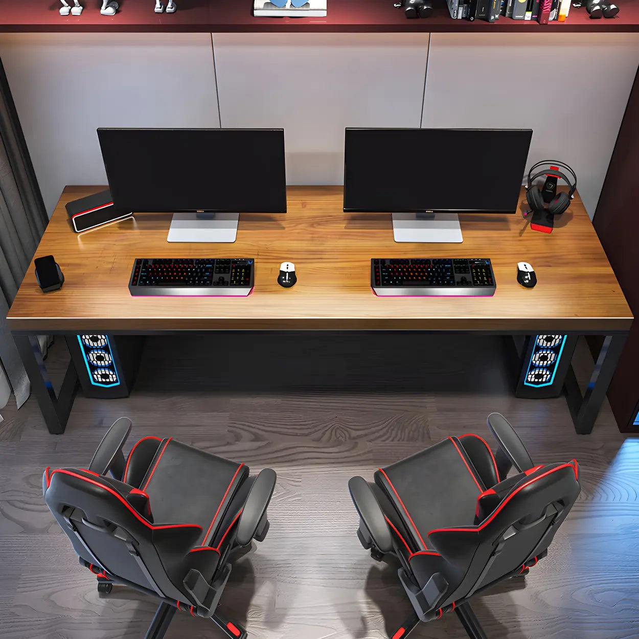Industrial Pine Wood Sled Double Gaming Desk