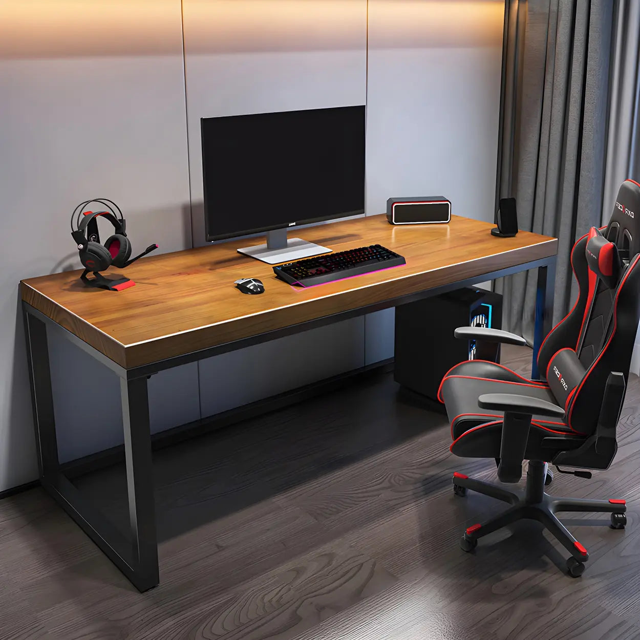 Industrial Pine Wood Sled Double Gaming Desk — Table Only
