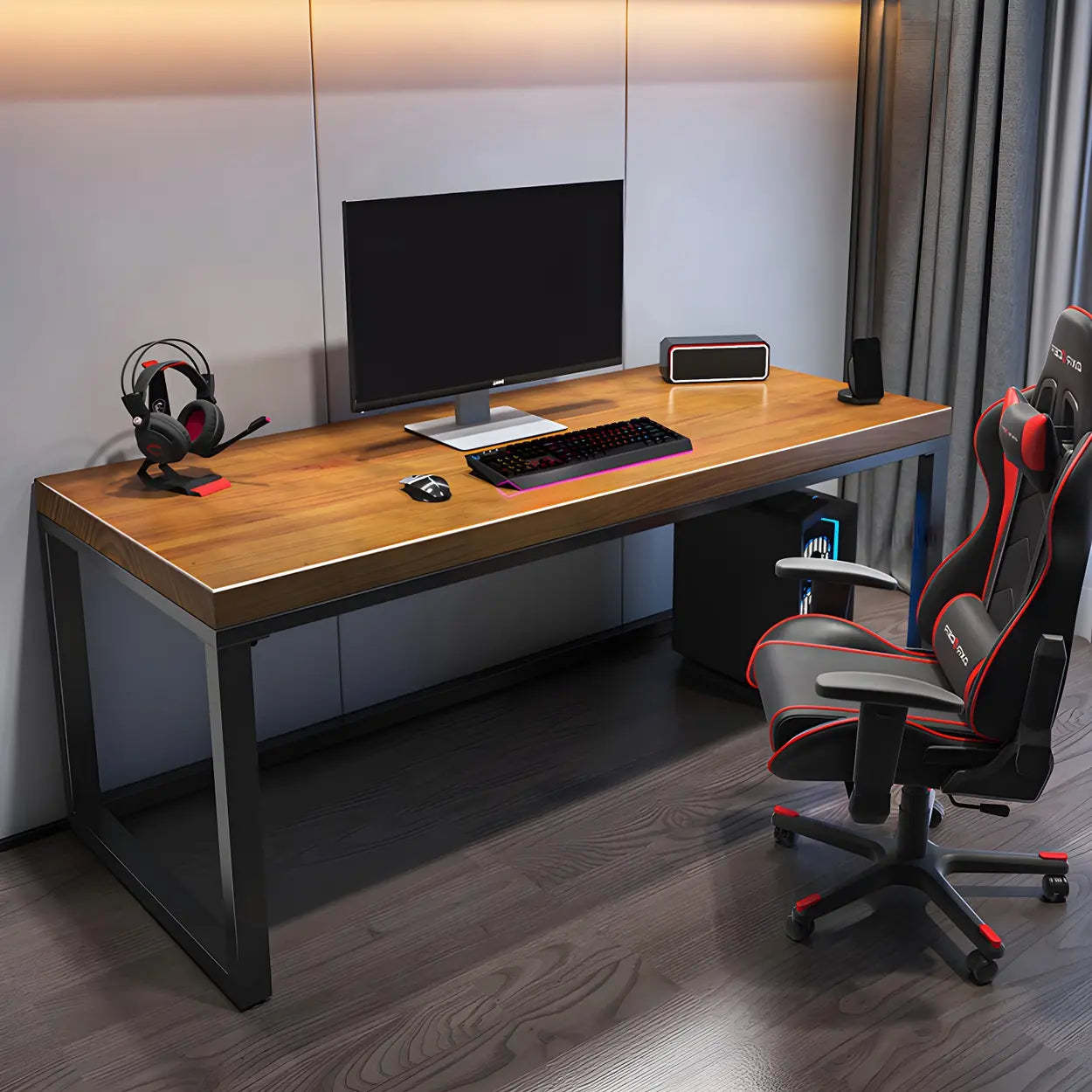 Industrial Pine Wood Sled Double Gaming Desk — Table Only