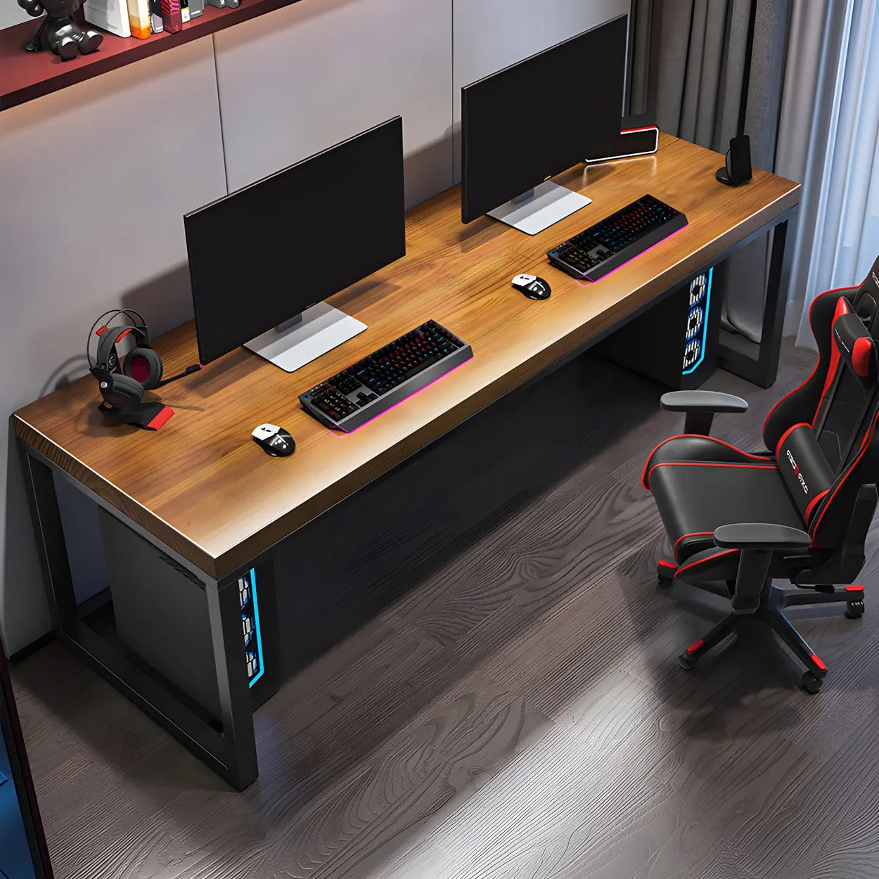 Industrial Pine Wood Sled Double Gaming Desk — Table Only