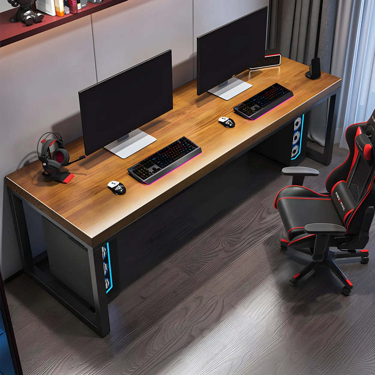 Industrial Pine Wood Sled Double Gaming Desk — Table Only