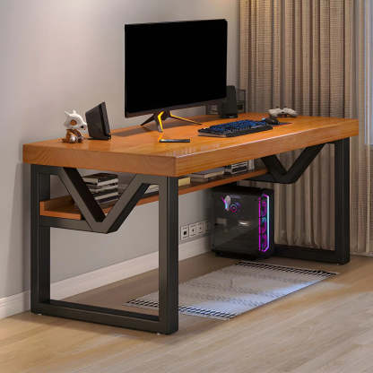 Industrial Pine Shelf Rectangle Gaming Desk — Without Chairs