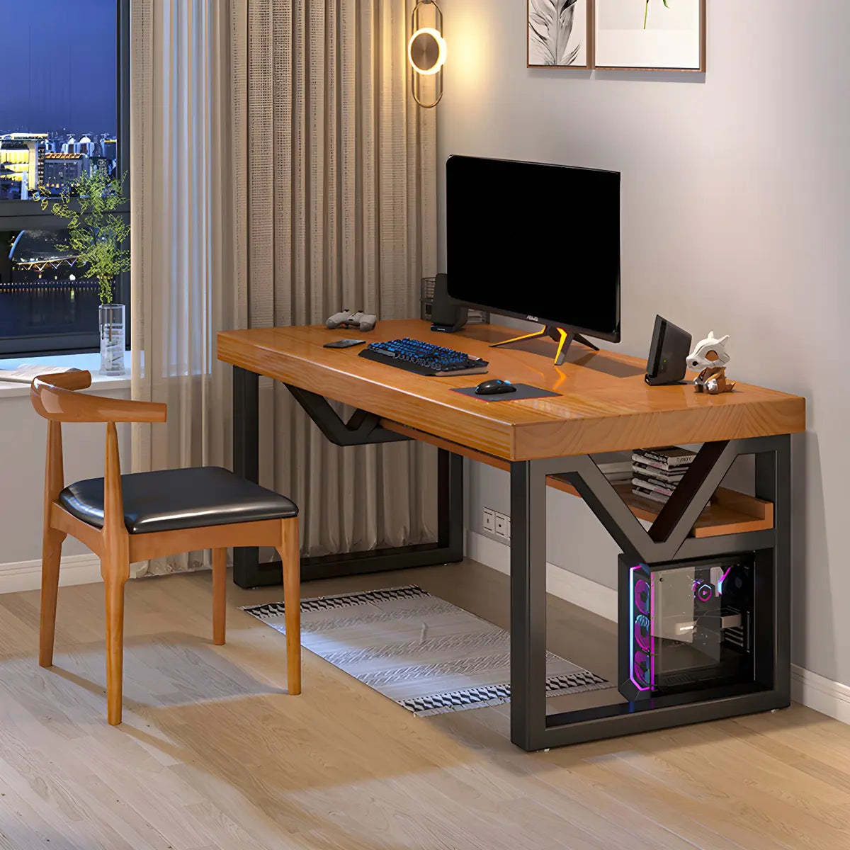 Industrial Pine Shelf Rectangle Gaming Desk — Without Chairs